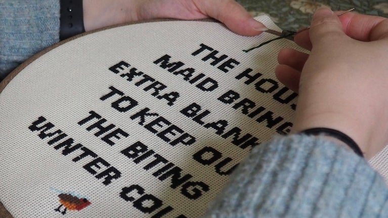 Cross stitching in progress for A New England Christmas